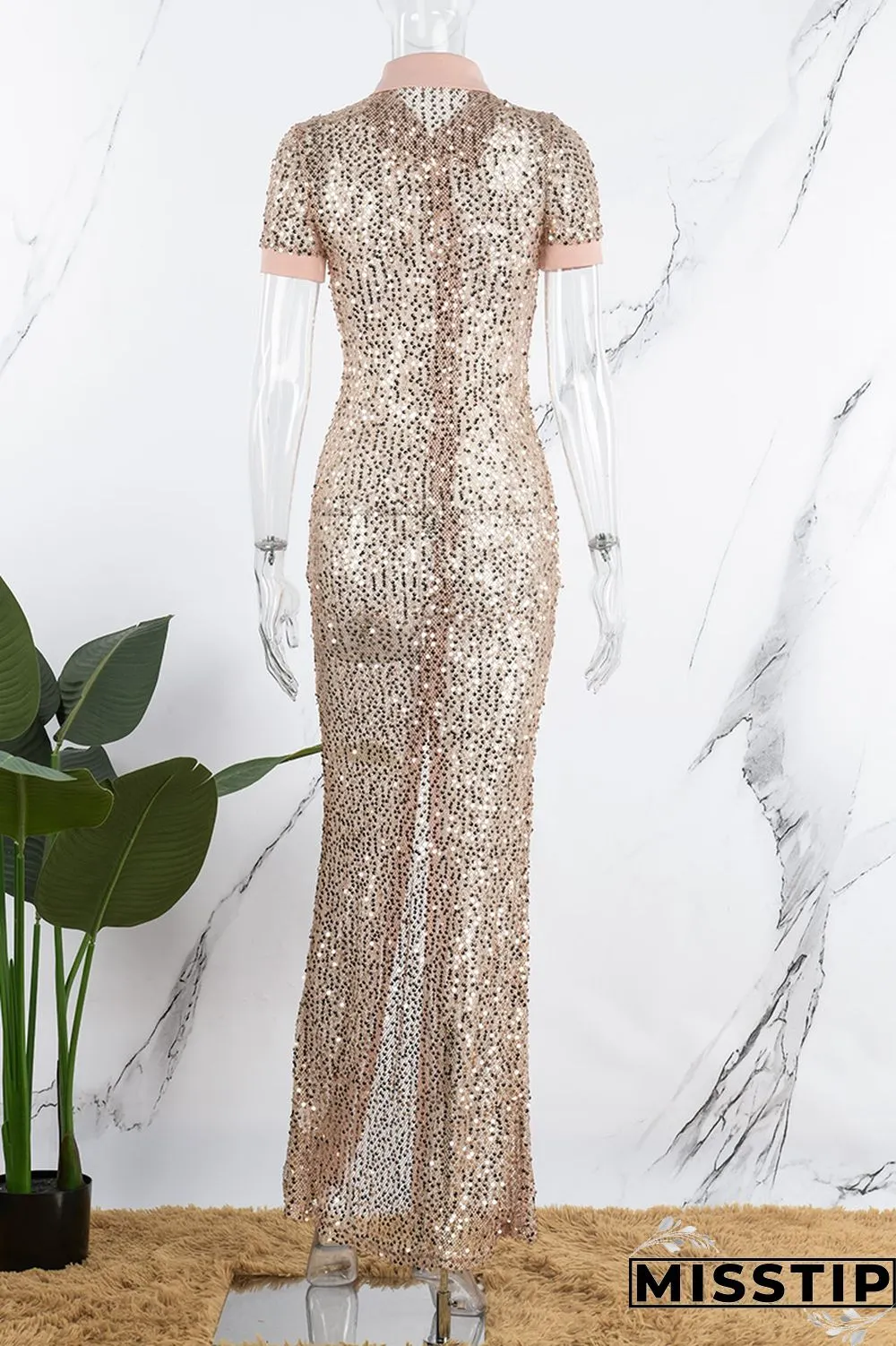 Champagne Sexy Patchwork Sequins Slit Turndown Collar Short Sleeve Dress Dresses