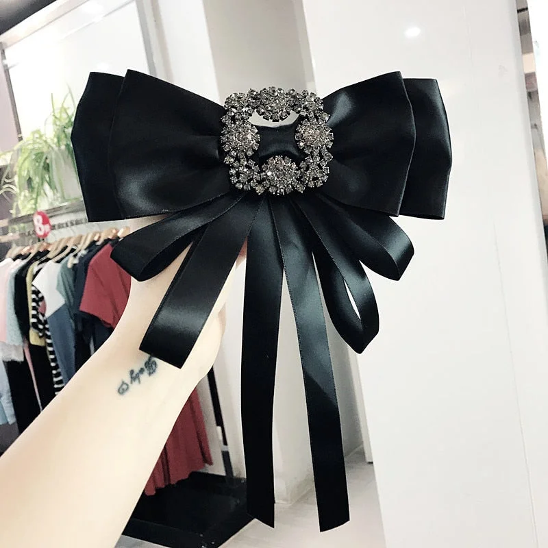 Fashion Ribbon Bow Tie High-end Women's Korean Style Plum Blossom Rhinestone Brooch Shirt Collar Flower Accessories