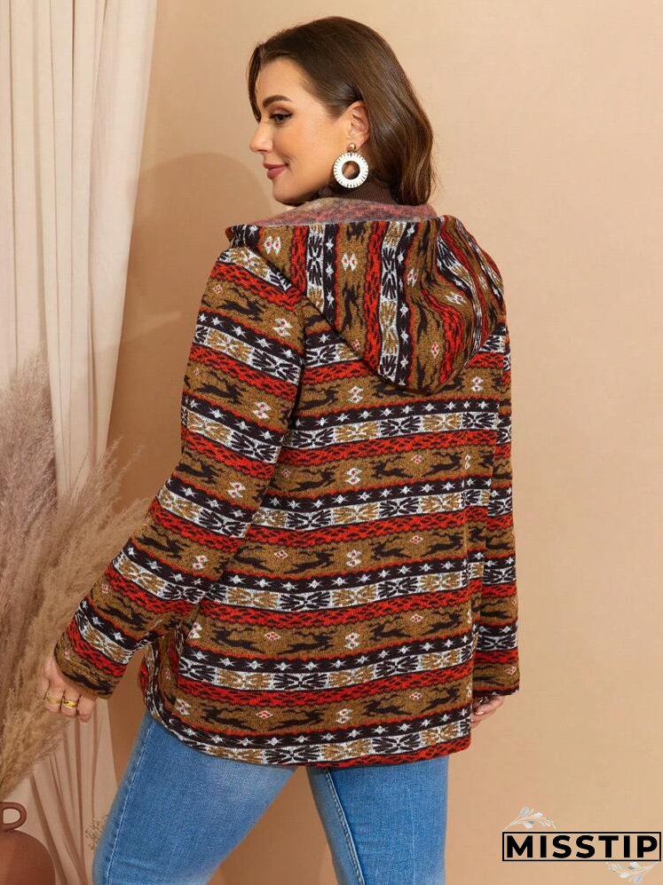 Plus Size Women Vintage Style Printed Hooded Long Sleeve Jacket