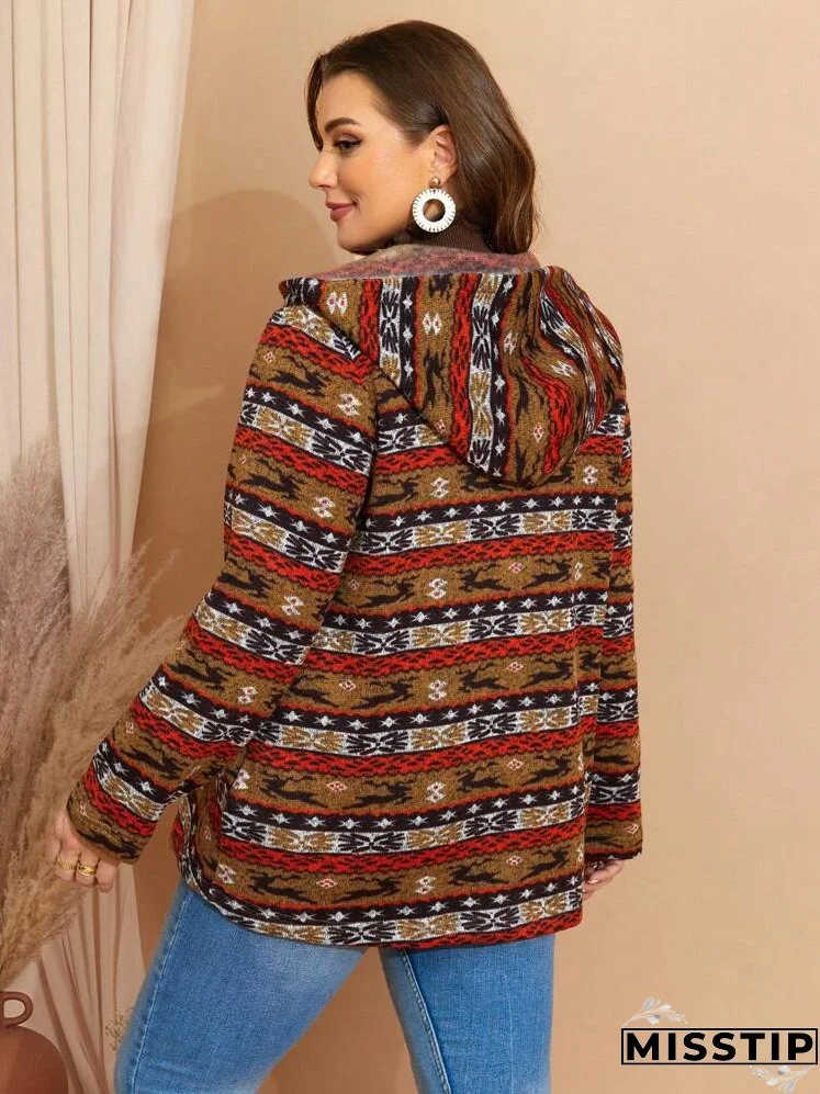 Plus Size Women Vintage Style Printed Hooded Long Sleeve Jacket