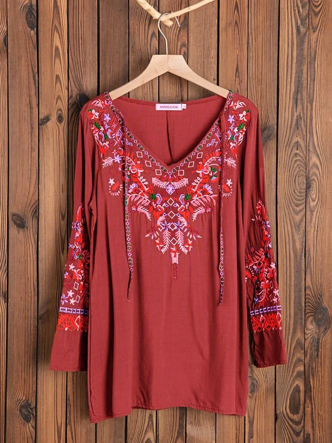 Boho Floral-Embroidered Casual Shirts & Tops