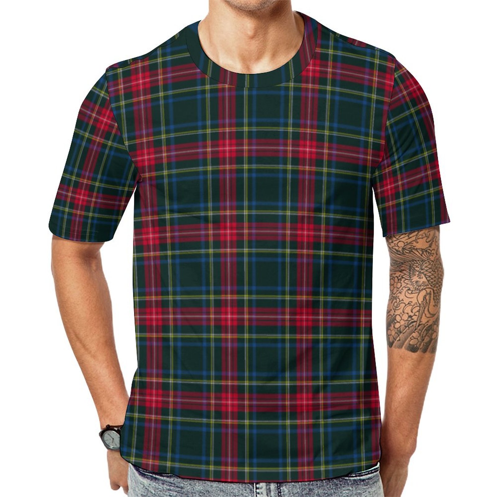 Scottish Green Red Tartan Plaid Short Sleeve Print Unisex Tshirt Summer Casual Tees for Men and Women Coolcoshirts