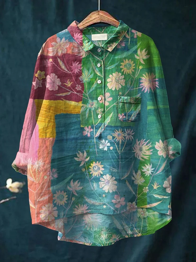 Women's Floral Art Print Casual Cotton And Linen Shirt