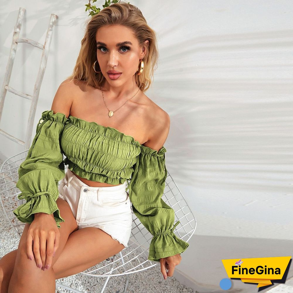 Chic Casual Women Blouses New Solid Color Sexy Navel Fungus Edge Slim Fit Folds Wrap Chest Full Flared Sleeve T-shirt