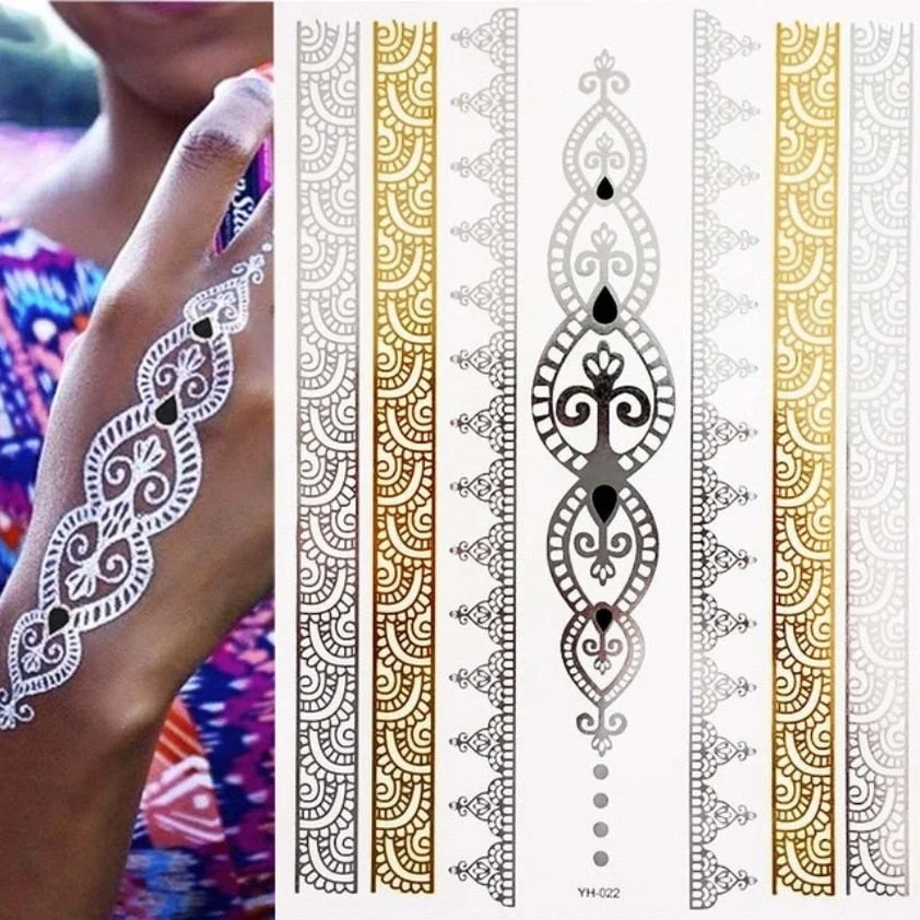 Women Body Art Gold Silver Metallic Tattoo Sticker Chain Bracelet Fake Jewelry Waterproof Temporary Tattoo Arm Sleeve Hand Wrist