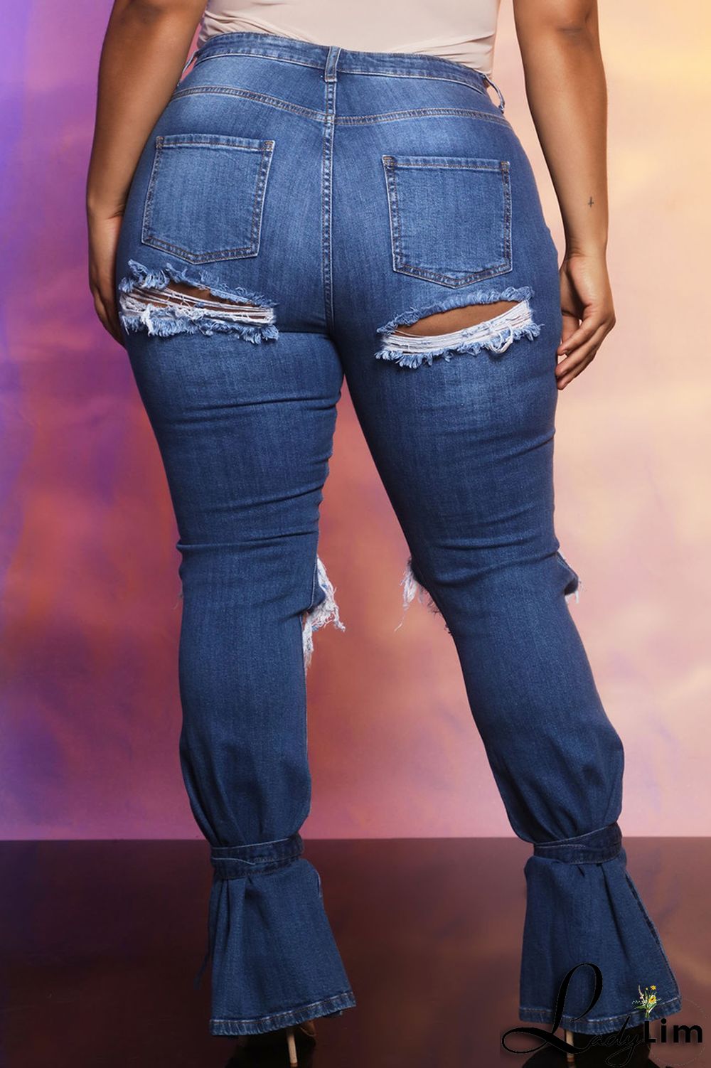 Blue Fashion Casual Solid Ripped Slit Mid Waist Regular Denim Jeans