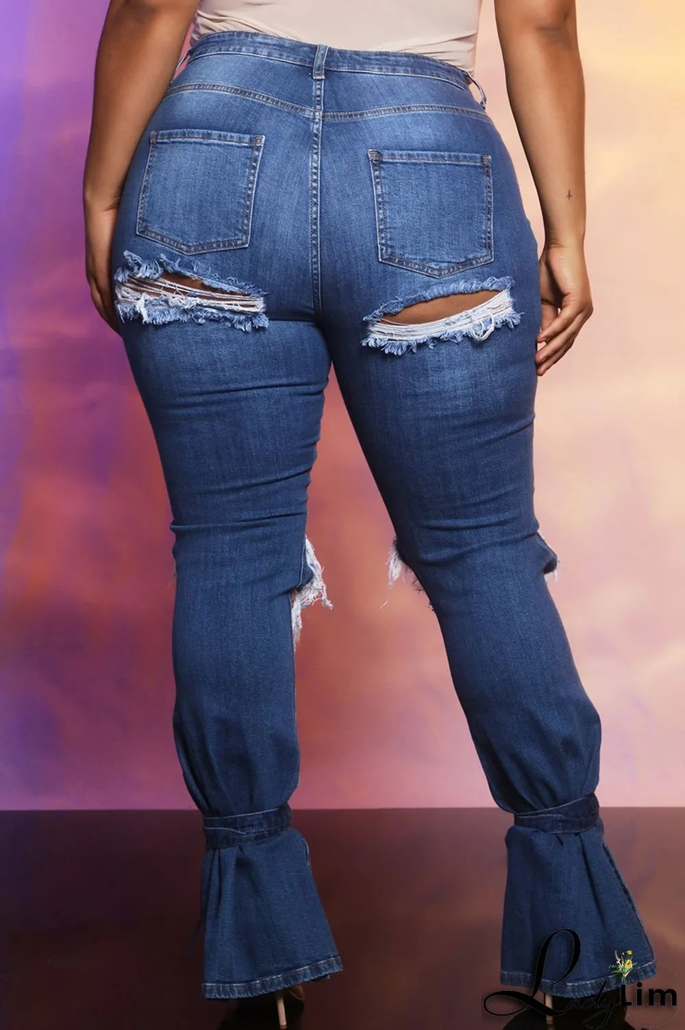 Blue Fashion Casual Solid Ripped Slit Mid Waist Regular Denim Jeans