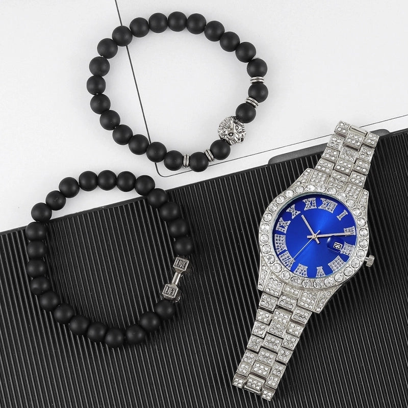 Light Luxury Men’s Business Rhinestone Calendar Watch, Colored Noodles And Bracelet Lion’s Head 3 Pieces