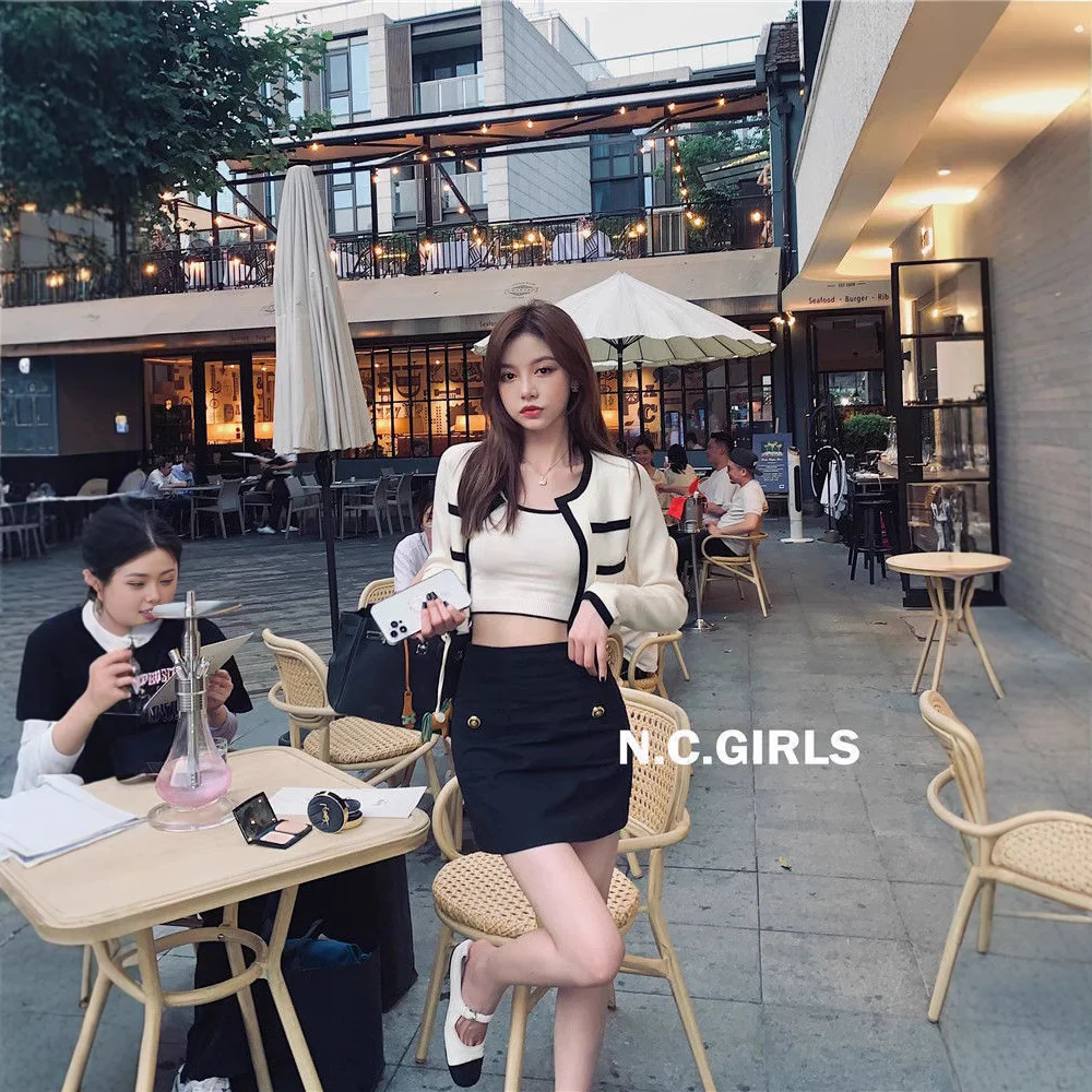 Uveng Uveng Bing Color Knitted Jersey Coat Women's Small Fragrant Summer New Sling Vest Short Top Two Sets
