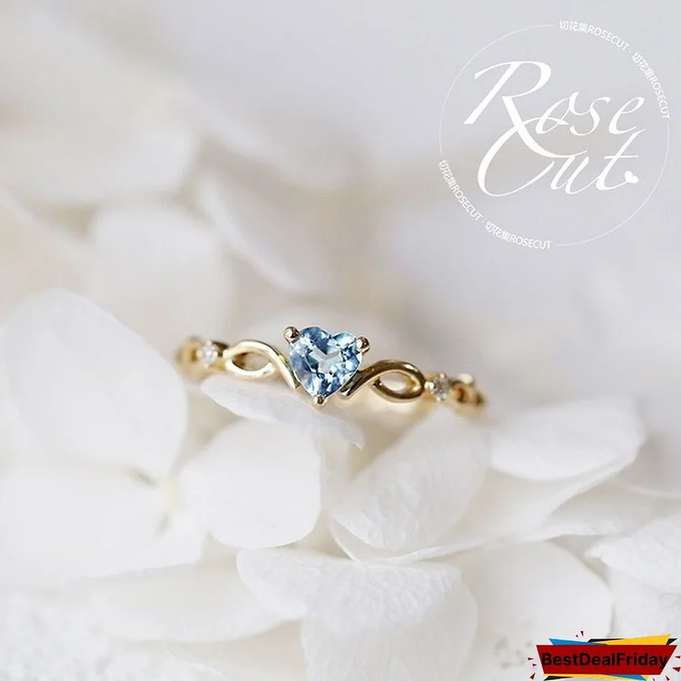 18k Gold Inlaid with Natural Aquamarine Heart Sapphire Sapphire with Diamond Ring Seablue Ring Fashion Jewelry