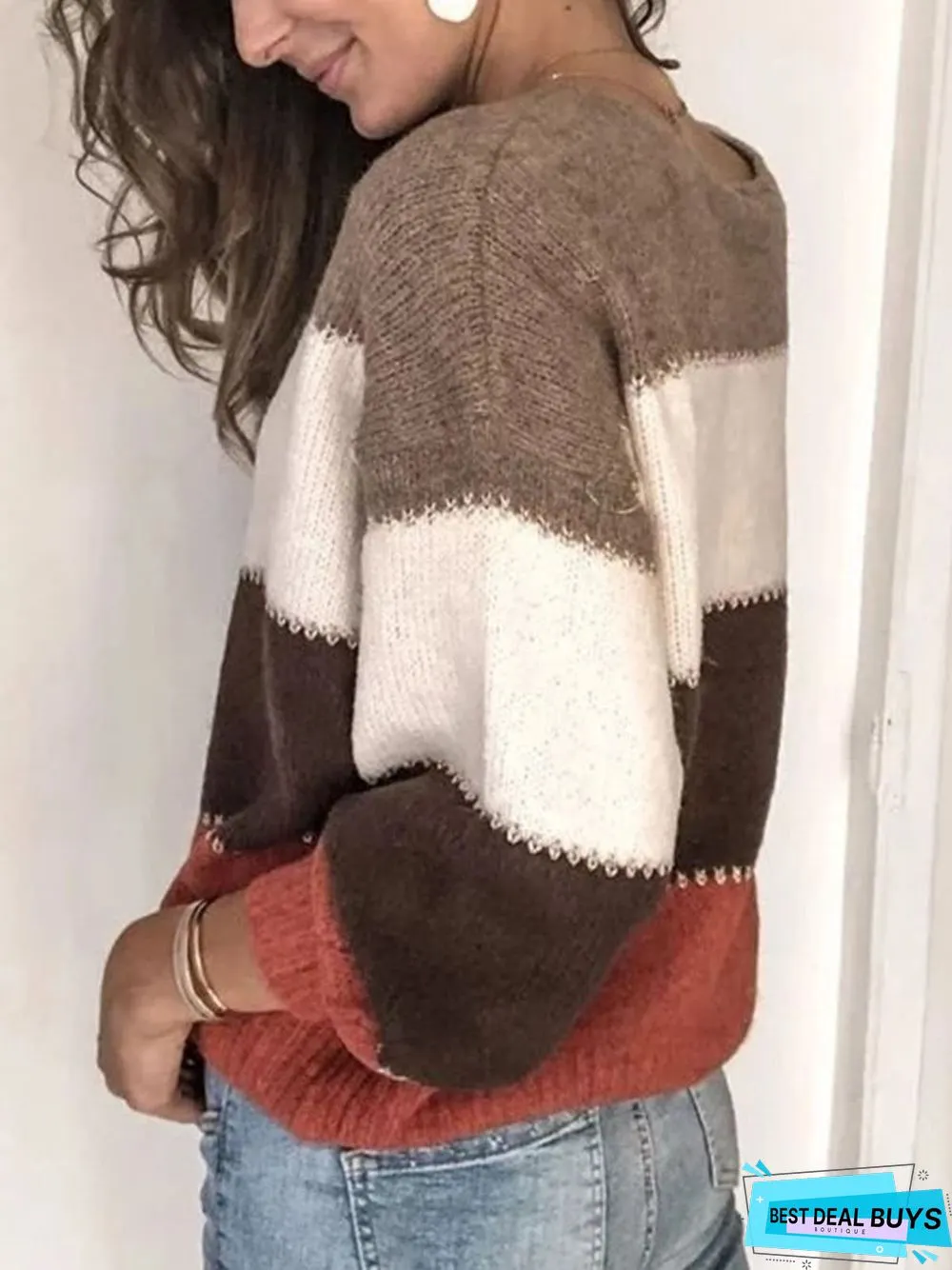 Long Sleeve Casual Paneled Crew Neck Sweater