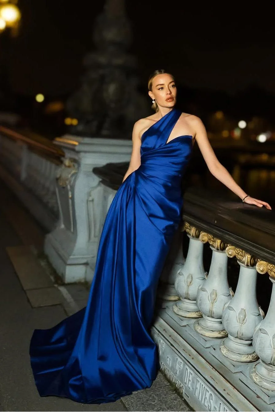 Miabel Simple Royal Blue Satin Sleeveless One Shoulder Long Prom Dress with Pleated