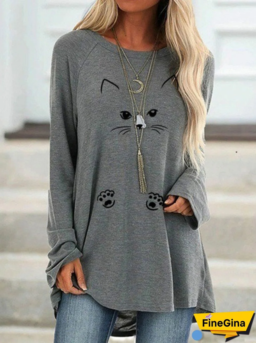 Women's Cat Printed Long Sleeve Scoop Neck Top