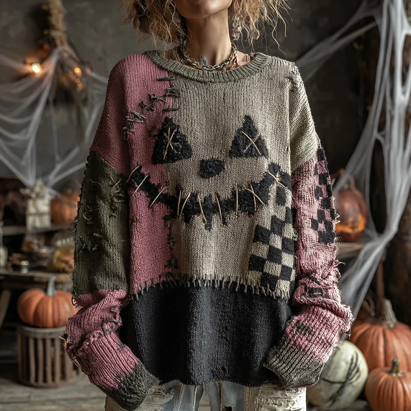 Women's Halloween Sweater - Spooky Cat & Pumpkin Face Print, Chunky Knit, Distressed Gothic Style