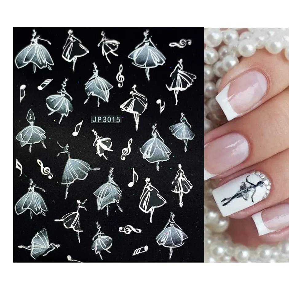 Nail Stickers Embossed 5D Elegant Abstract Girls White Ballet Designs Back Glue Nail Decals Tips For Beauty Salons-Nail Inspo