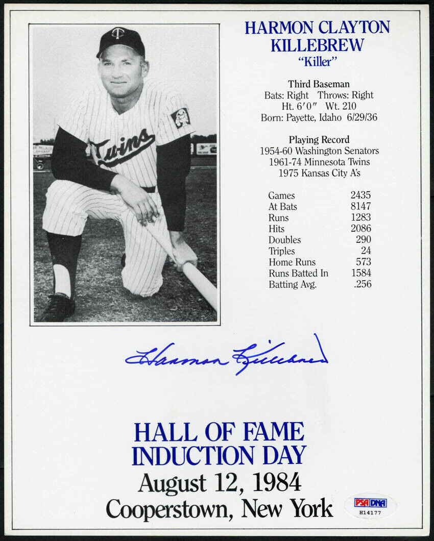 Harmon Killebrew Killer SIGNED 8x10 HOF Induction Card Photo Poster painting PSA/DNA AUTOGRAPHED