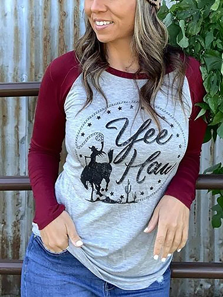 Wine Red Women Casual  Crew Neck Tops