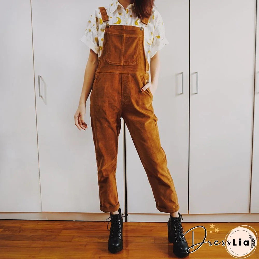 Ladies Casual Retro Corduroy Loose Jumpsuit Trousers