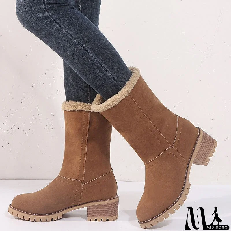 MidiSono - Warm Fur Lining Square Chunky Heel Suede Snow Boots for Women