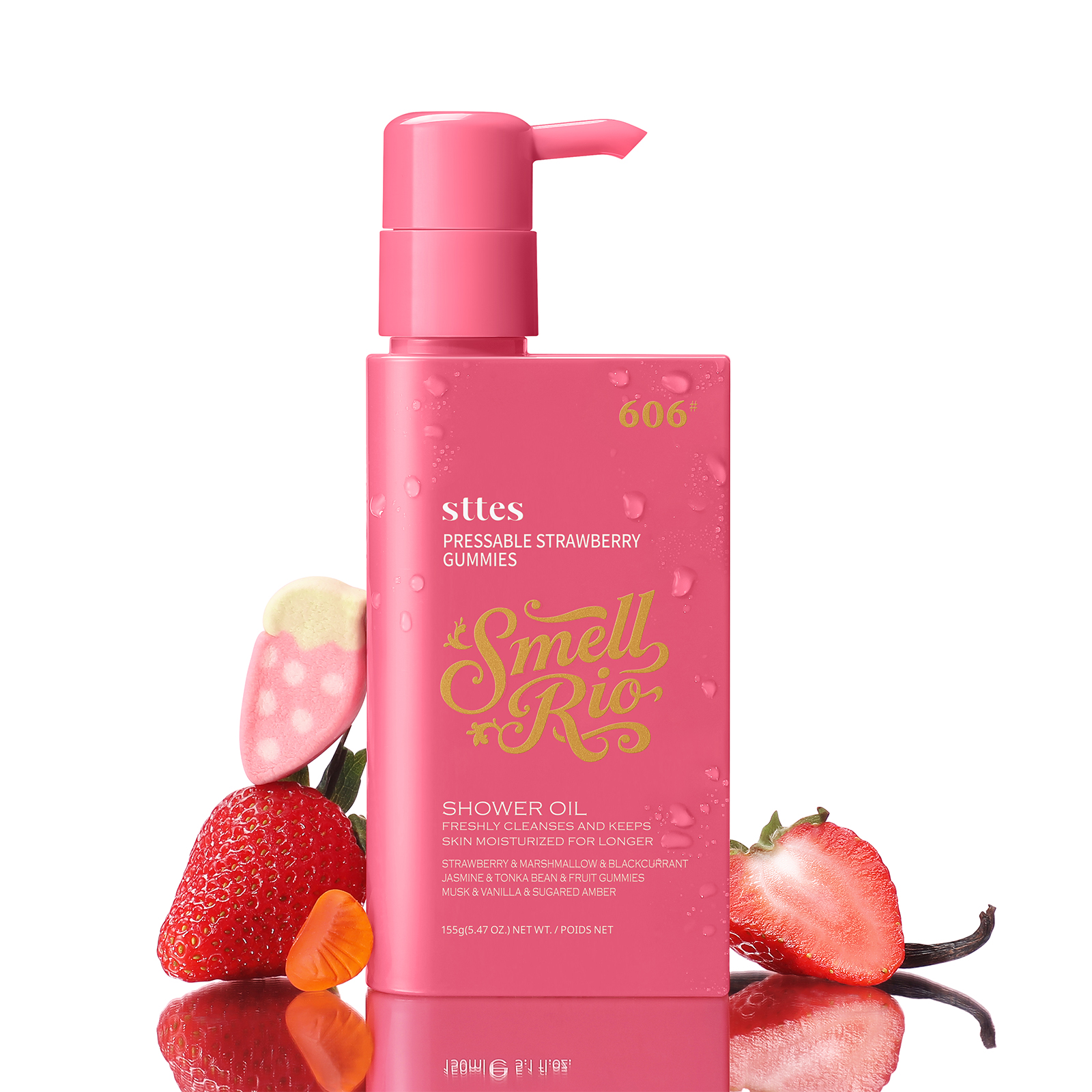Sttes Smell Rio Shower Oil - 606# Pressable Strawberry Gummies: Moisturizing Body Cleansing Oil with Strawberry, Marshmallow & Blackcurrant Notes &ndash; Natural Plant-Based Hydration 155g