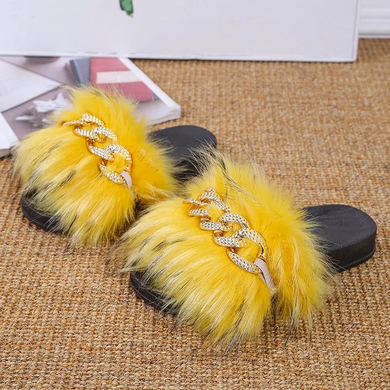Fur Women Slippers Furry Fluffy Flip Flops Women Sandals Gold Chain Fur Slides Ladies Slippers Plus Size Shoes Women