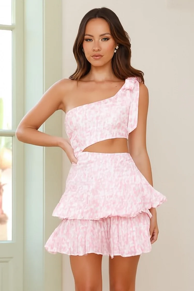 One Shoulder Cutout Ditsy Floral Print Tiered Mini Dresses-Pink [Pre Order]