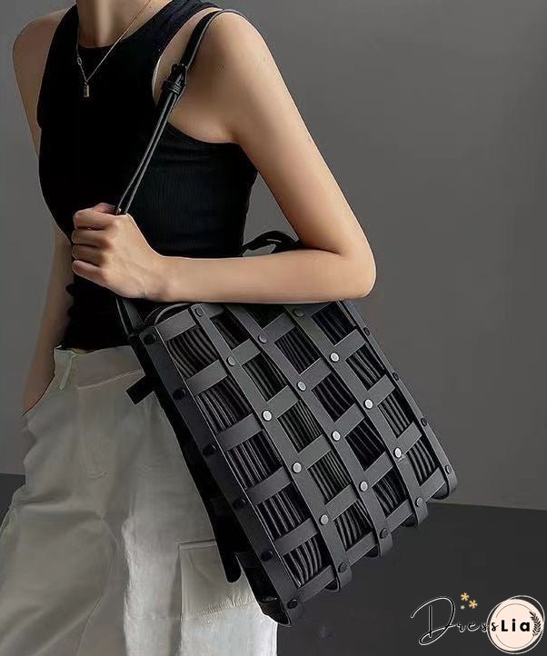 Original Black Hollow Out Rivet Calf Leather Satchel Handbag