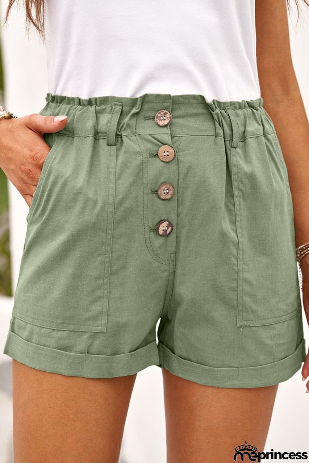 Khaki Cuffed High Waist Shorts