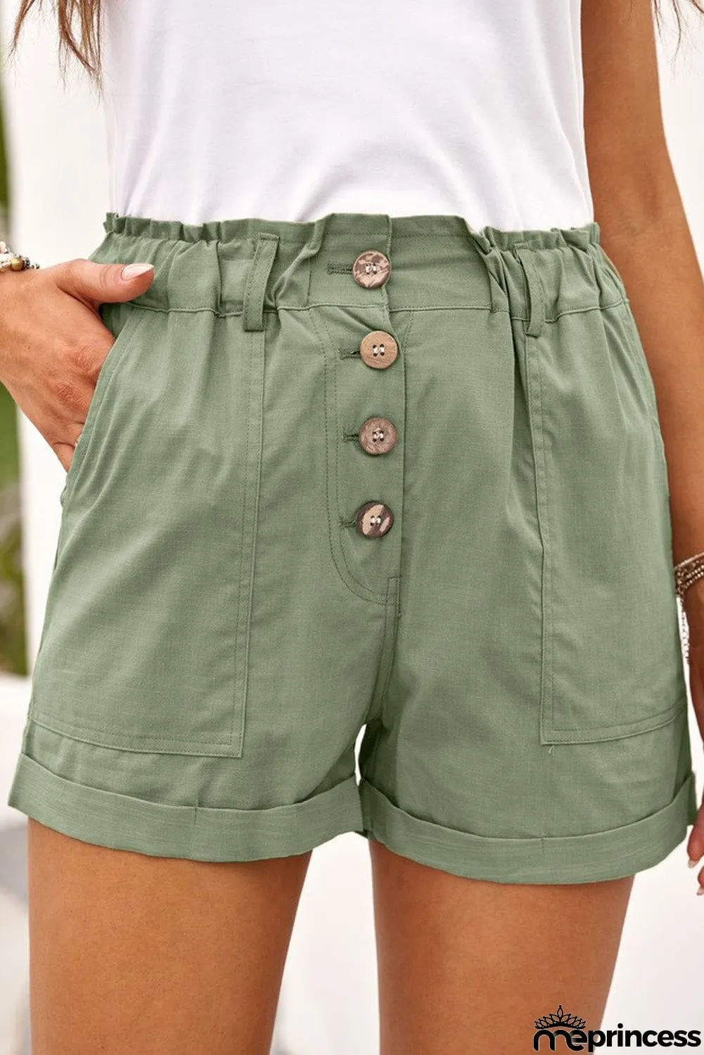 Khaki Cuffed High Waist Shorts