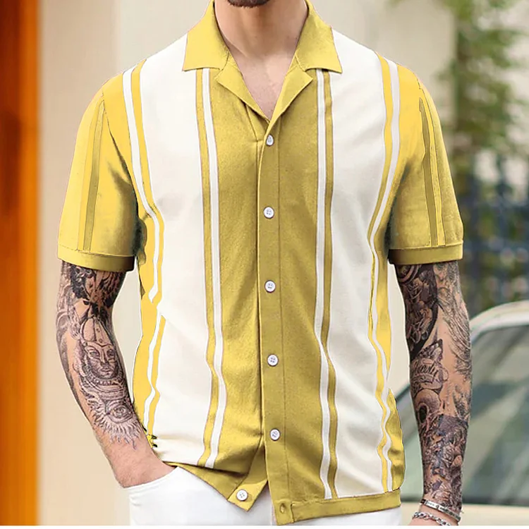 Men's Contrast Striped Lapel Polo Collar Short-Sleeved Sweater