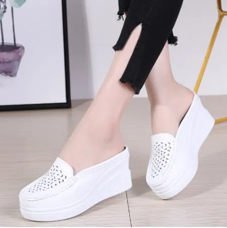 2020 Hot Summer Women Platform Slipper pattern Floral Flats Breathable Leather Casual Shoes Slip-on comfortable Nurses shoes