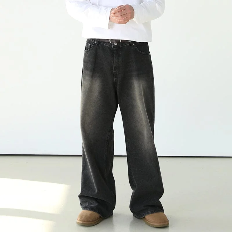 Inongge WASHED BLACK WIDE STRAIGHT DENIM JEANS