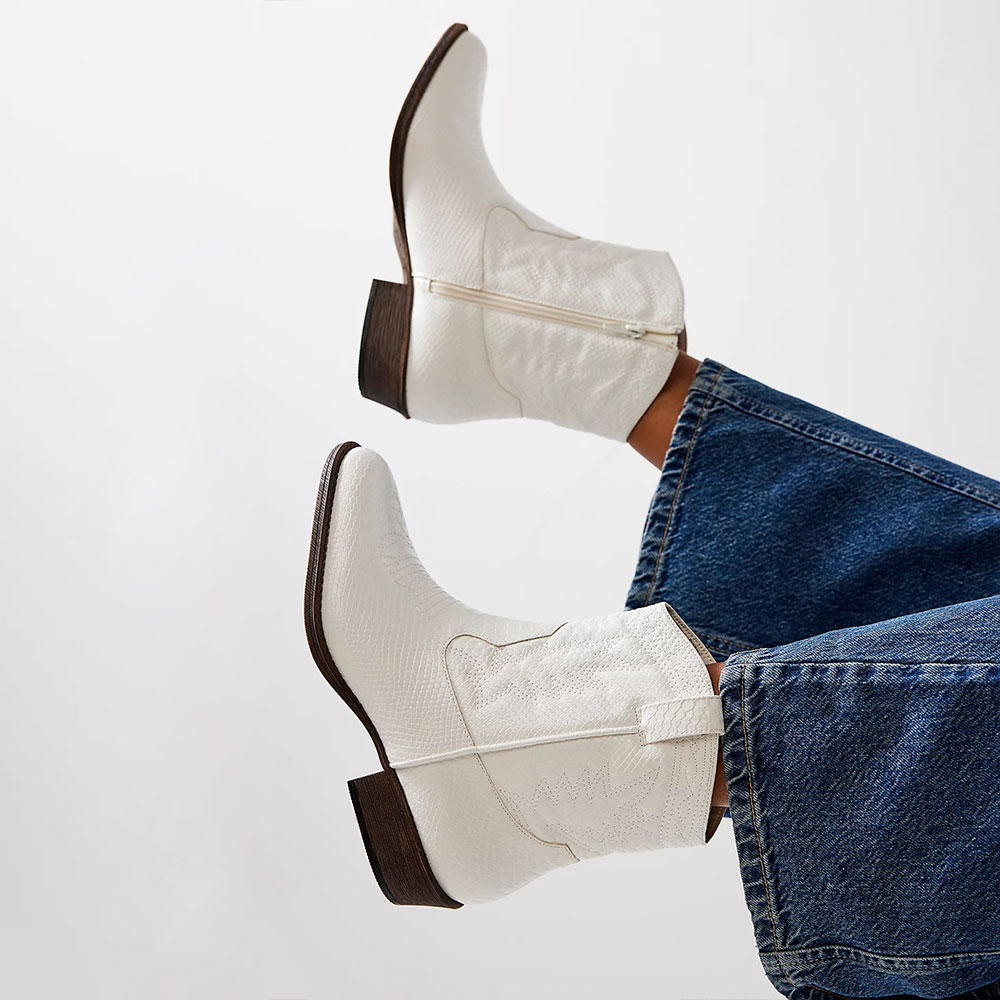 White Embroidered Booties Snake Embossed Side Zip Cowgirl Boots