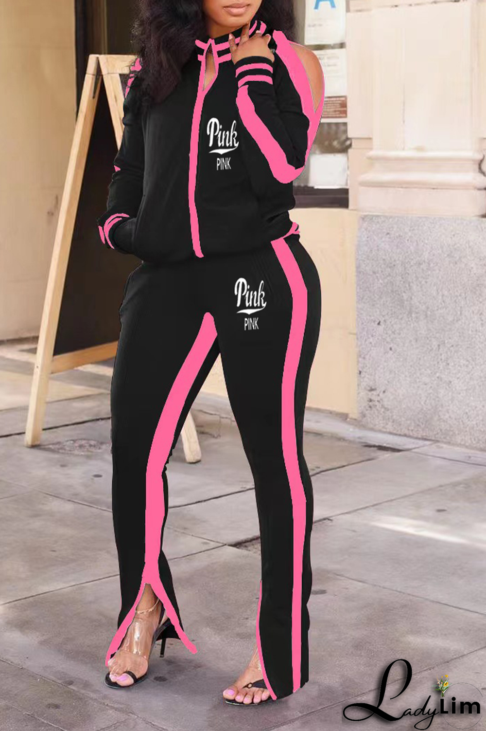 Black Yellow Casual Print Slit Zipper Collar Long Sleeve Two Pieces