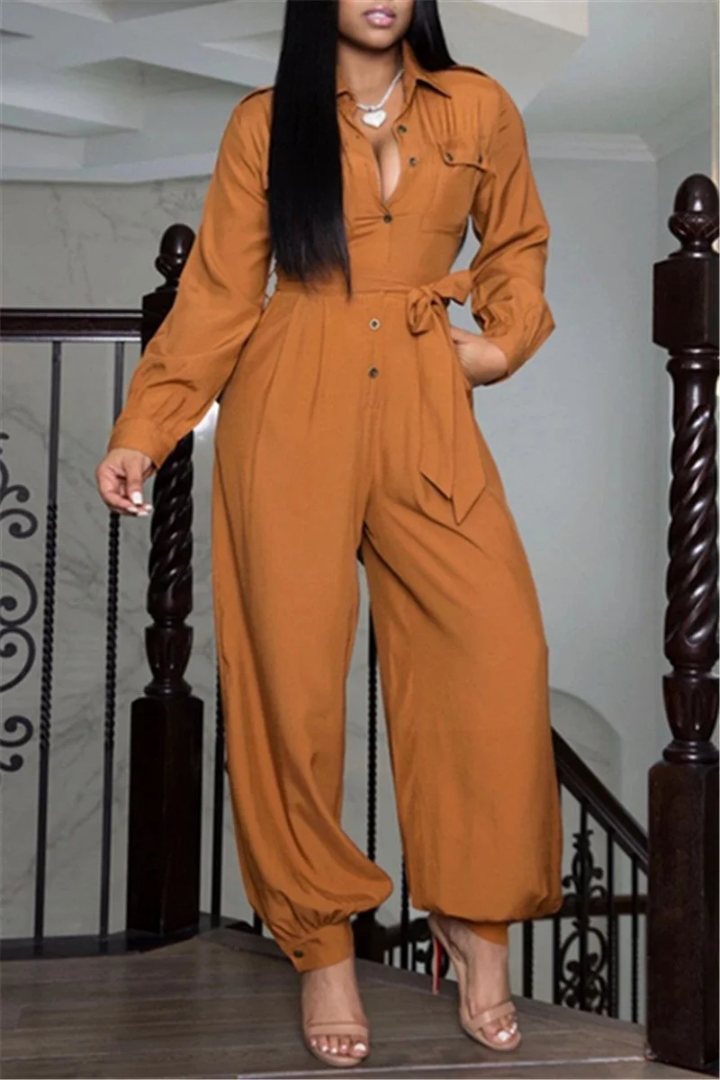 Casual Solid Color Jumpsuit With Belt