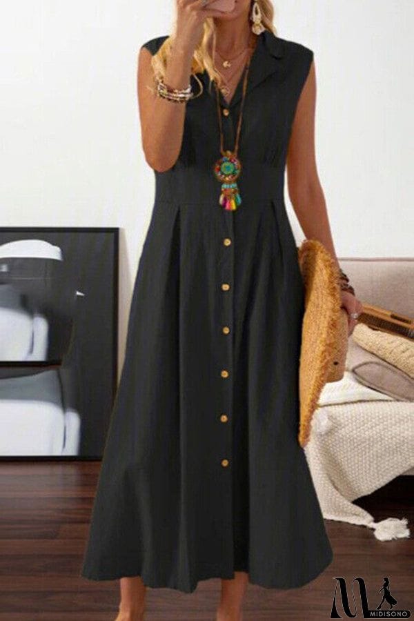 MidiSono - Suit collar solid color button dress