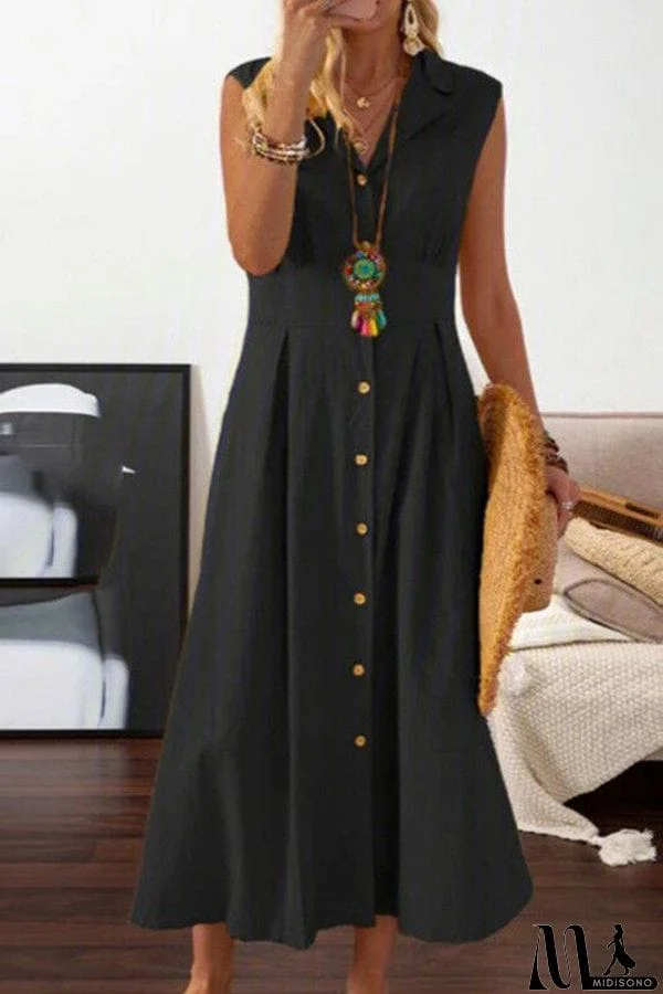 MidiSono - Suit collar solid color button dress