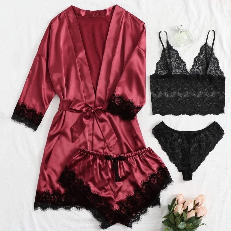 Brownm 2021 New Ladies Pajamas Four-Piece Sexy Sling Skirt Set Home Lace Pajamas Set