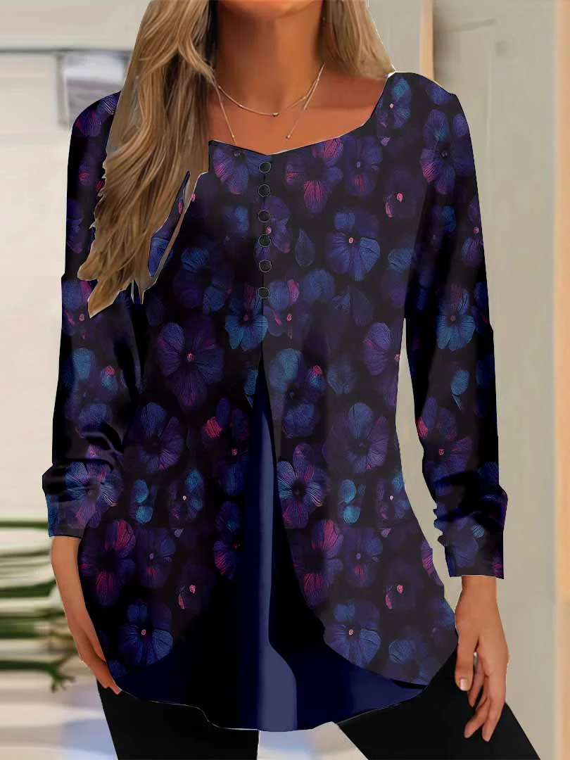 Women Floral,Blue DZGG8290 Long Sleeve Scoop Neck Printed Graphic Button Fake 2in1 Tops