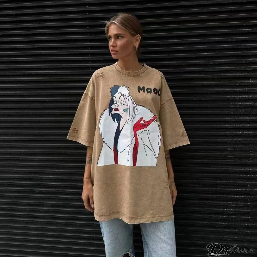 Retro Street Style Cartoon Print T-Shirt Loose Oversize Top