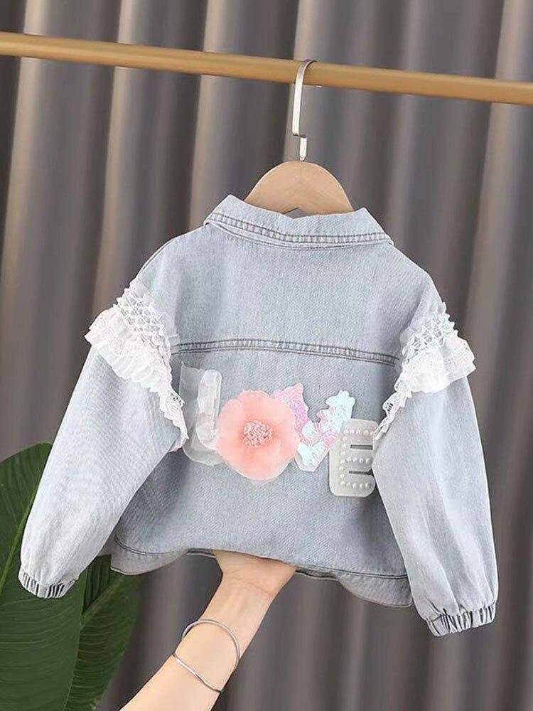 1-3 Year New Children's Denim Spring AutumnJackets Girl Love flower Jean Jackets Girls Kids Clothing Baby Lace Coat Casual