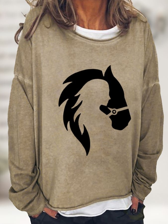 Women&#039;s Girl And Horse Silhouette Casual Long-Sleeve T-Shirt
