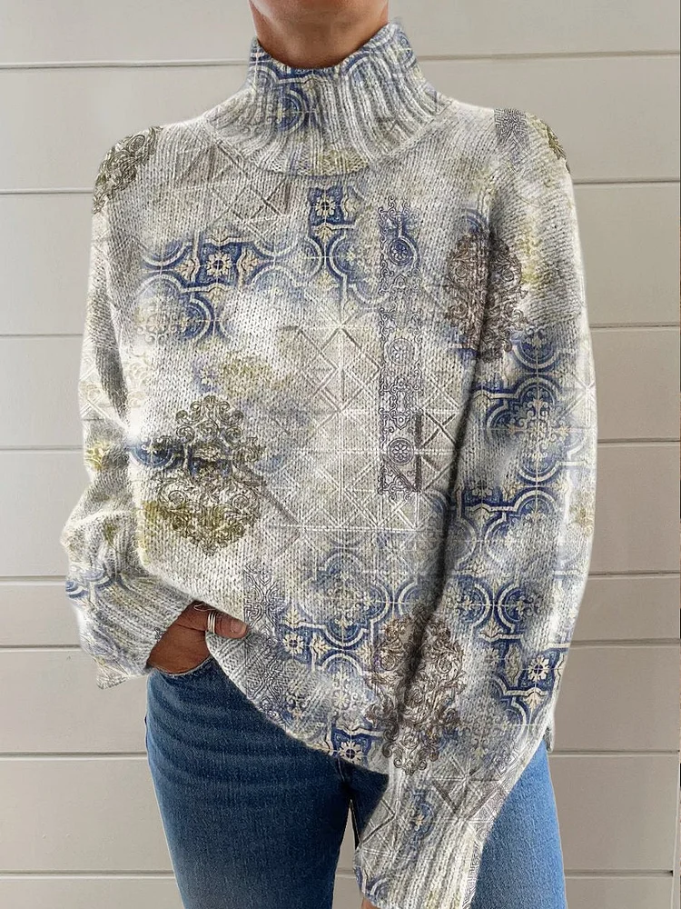 Elegant Vintage Decorative Pattern Knit Turtleneck Pullover Sweater