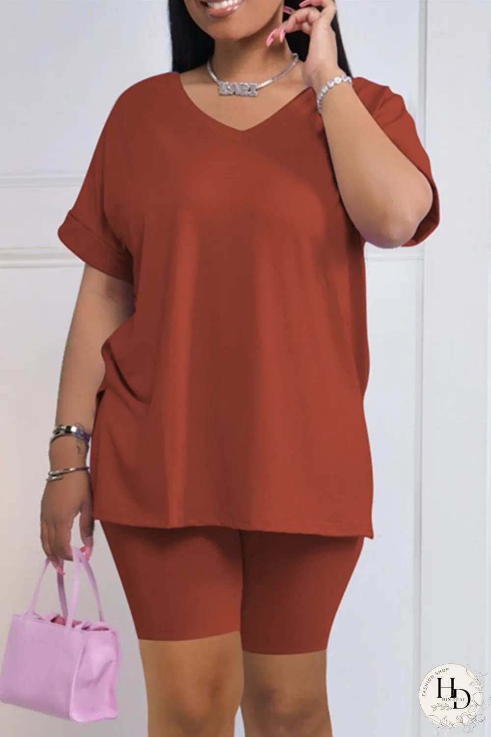 Blue Fashion Casual Solid Slit V Neck Short Sleeve Two Pieces