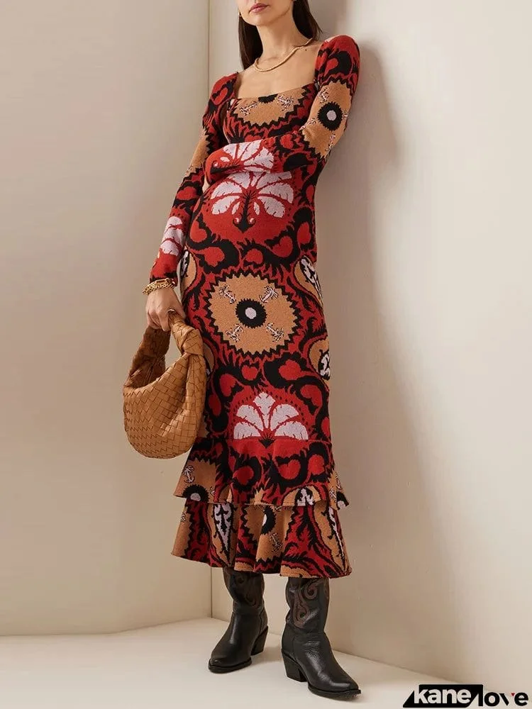 Stylish Long Sleeves Empire Floral Printed Bordered Square-Neck Maxi Dresses