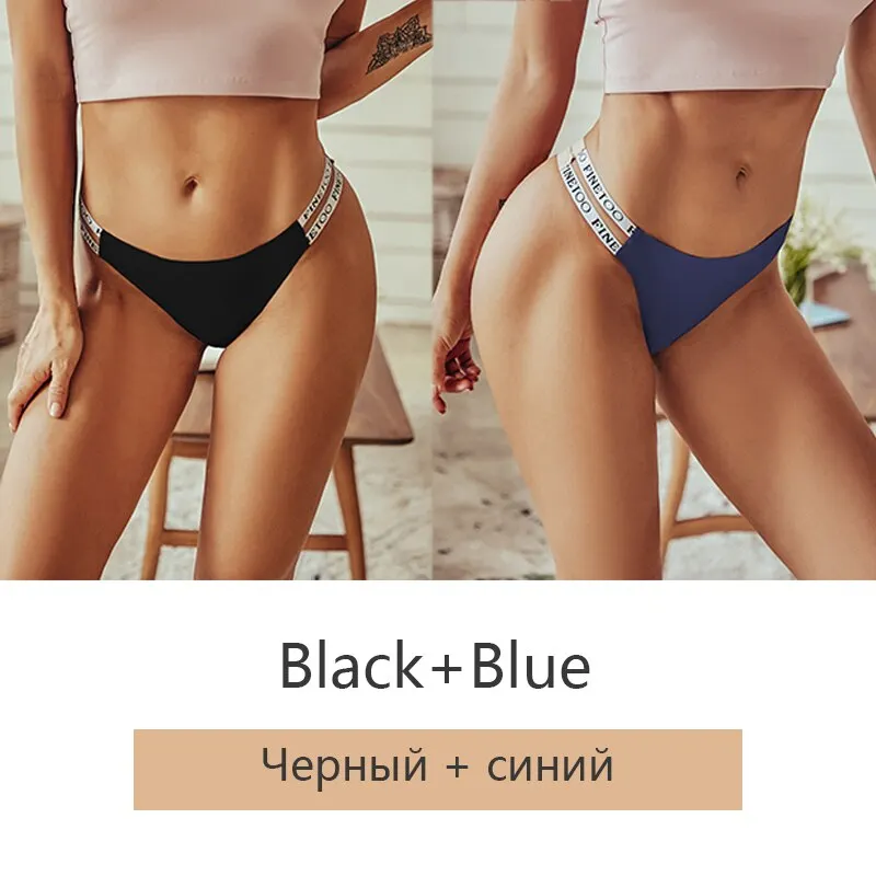 FINETOO 2Pcs/set Seamless Thongs Women Brazilian Underwear M-XL Female Panties Fashion Hollow Low Waist Letter Bikini Panty 2021