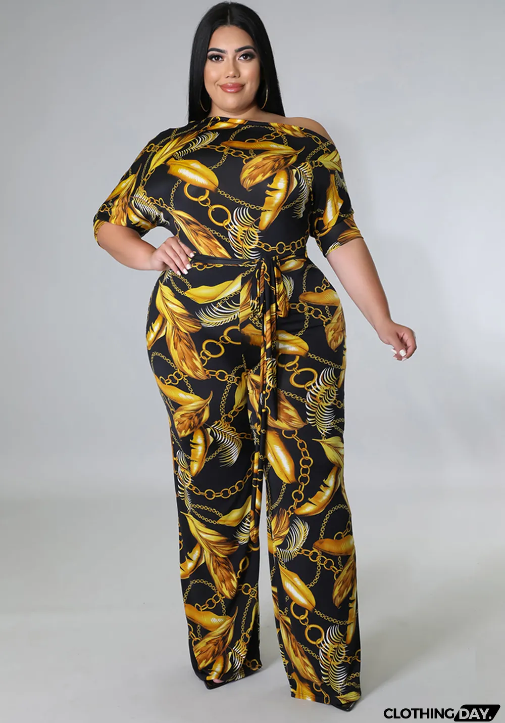 Women Autumn Gold Modest Slash Neck Half Sleeves Print Belted Full Length Loose Plus Size Jumpsuit