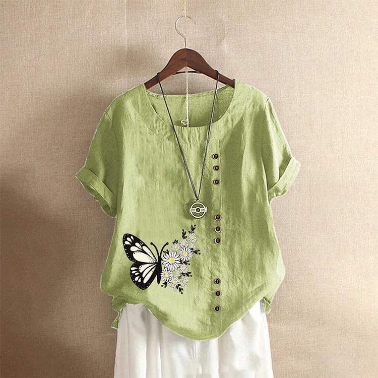 Ladies Vintage Print Loose Casual Cotton Linen Shirt