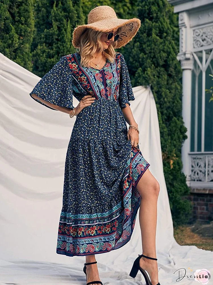 Floral Button Flares Sleeve Dress