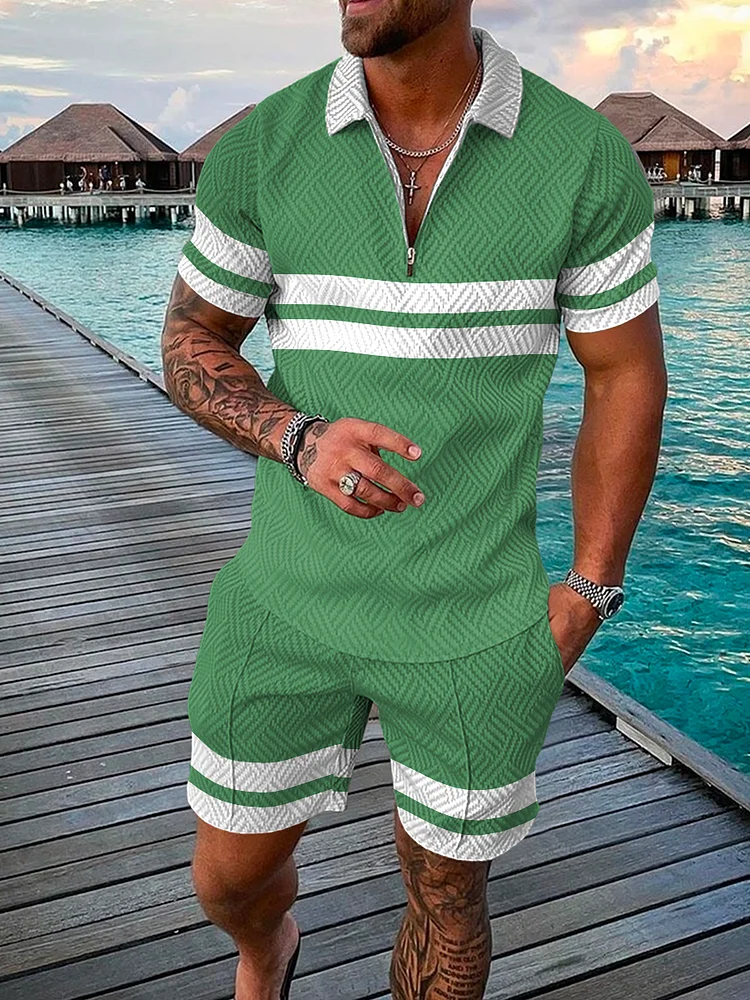 Men's Casual Striped Printing Color Contrast Polo Suit